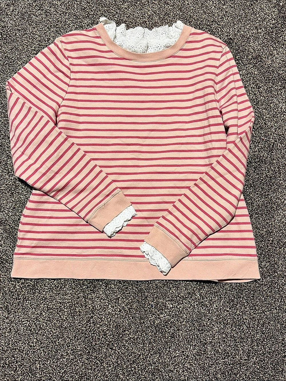 Boden  Striped Lace-Collar Pullover in Pink & White Size Large